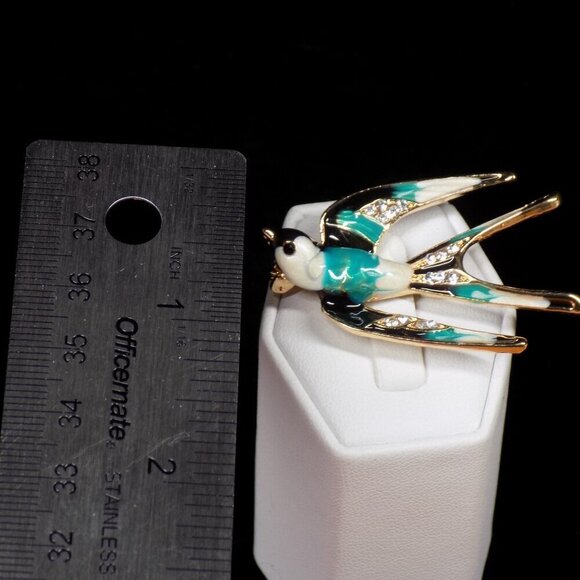 Vintage Swallow Bird Pin Brooch Enamel Clear Rhinestones Gold-tone Multicolor - Picture 4 of 5